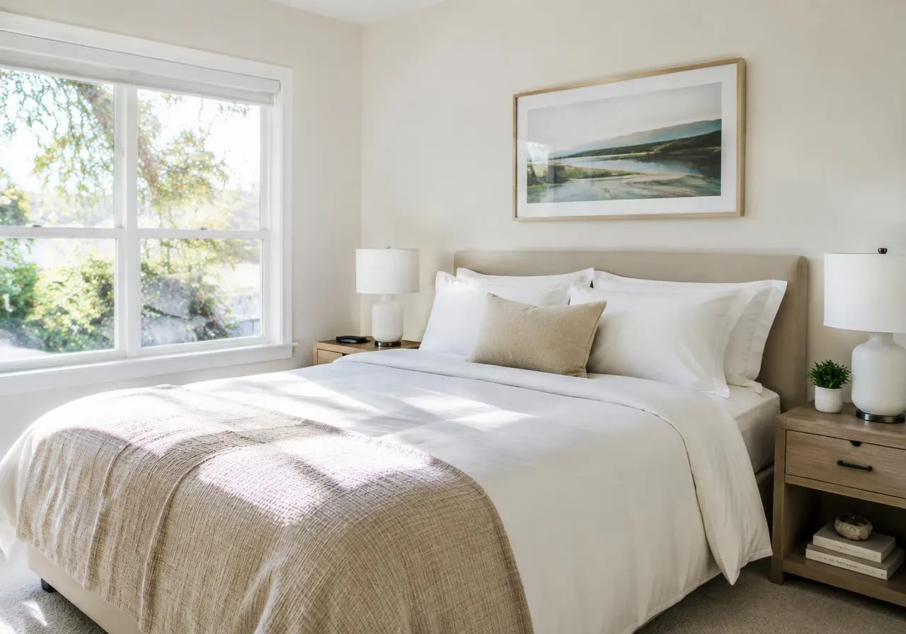Neatly made bed with crisp white linens