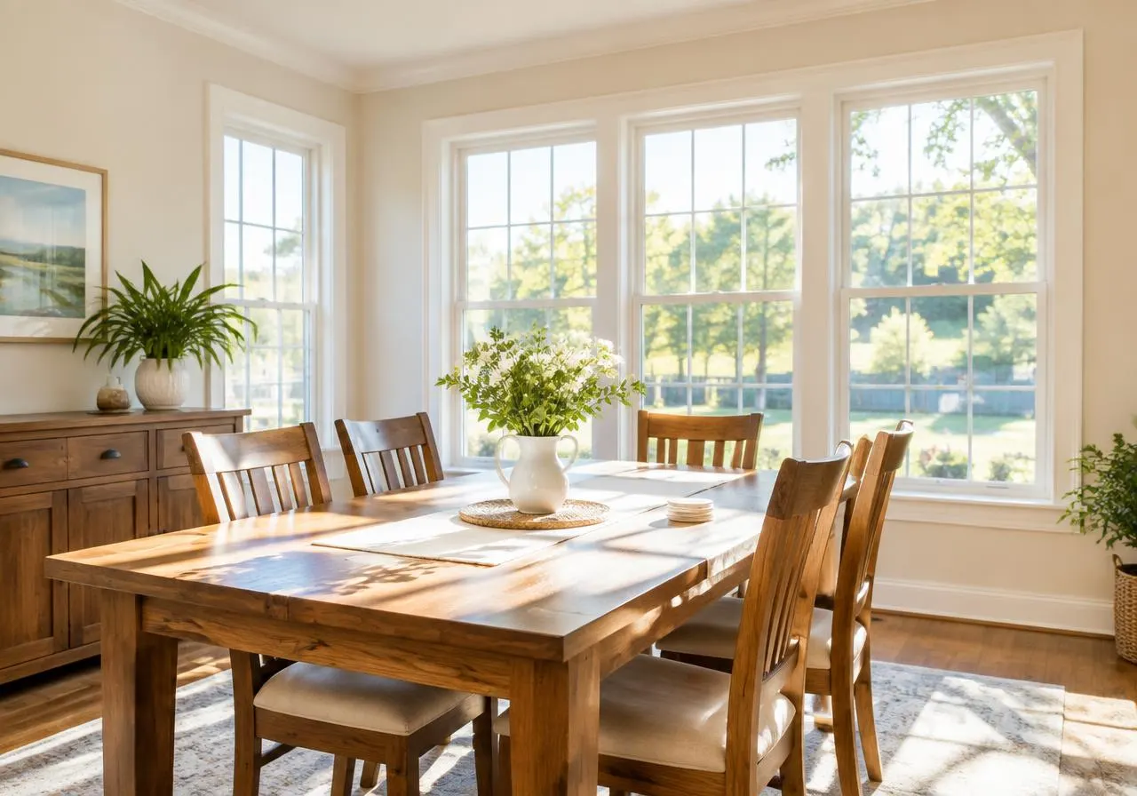Sunlit dining table with clean windows behind it