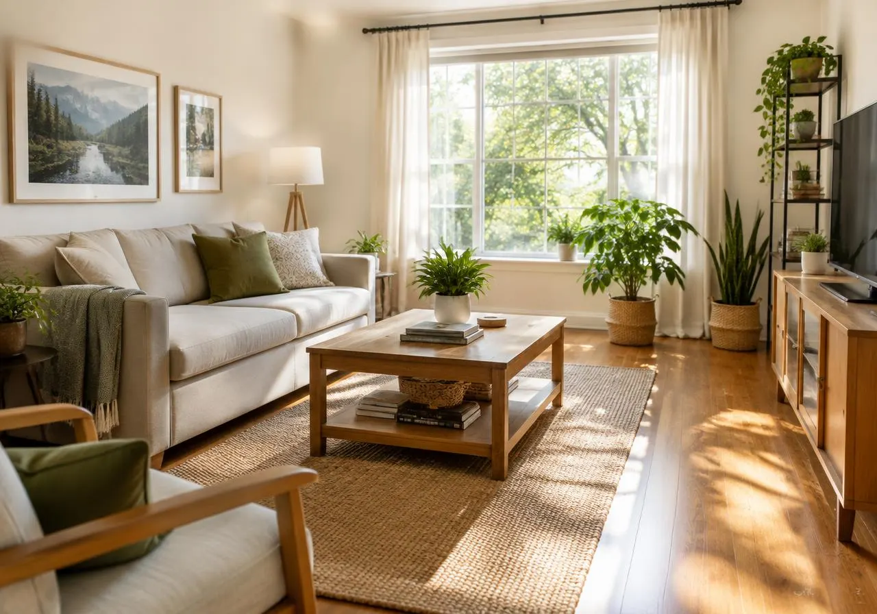 Sunlit, tidy living room with a freshly vacuumed rug