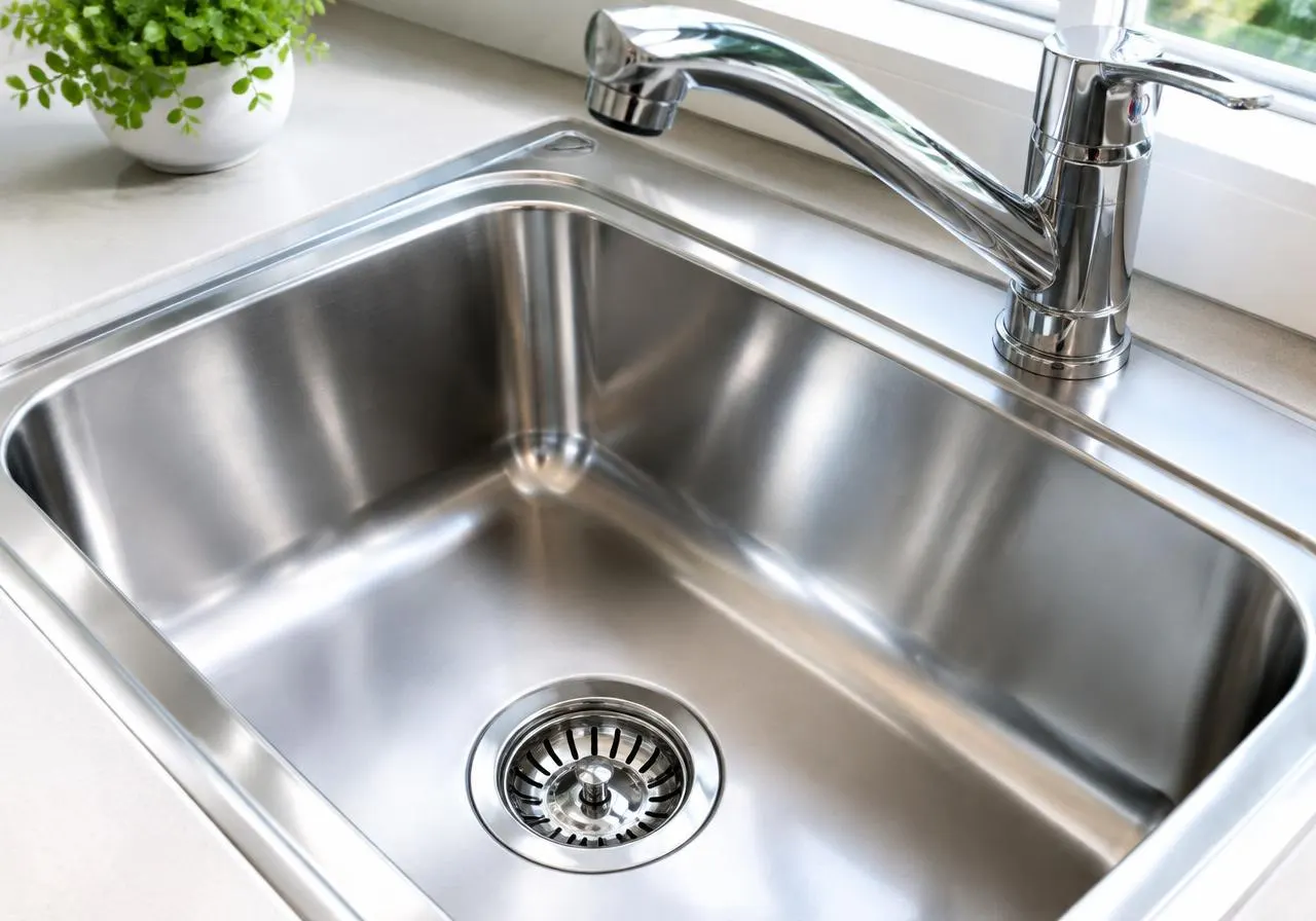 Gleaming stainless steel kitchen sink and faucet